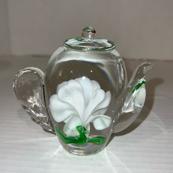 Art Vintage Glass Teapot With White Rose Inside Paperweight 4 Inches